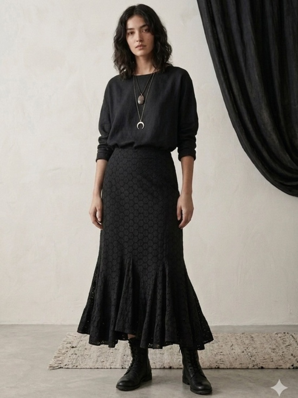 Vintage Frank Lyman Made In Canada Black Eyelet Flutter Hem Skirt - Size 10